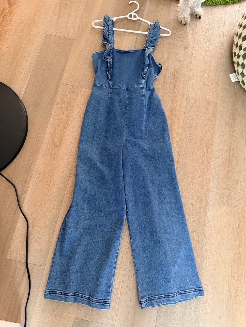 BDG Blue Denim Ruffle-Shoulder Wide-Leg Jumpsuit